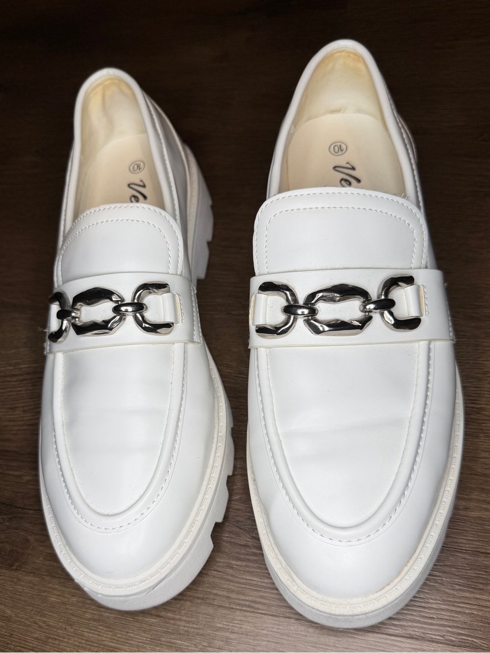 White Chain-Accent Womens Loafers